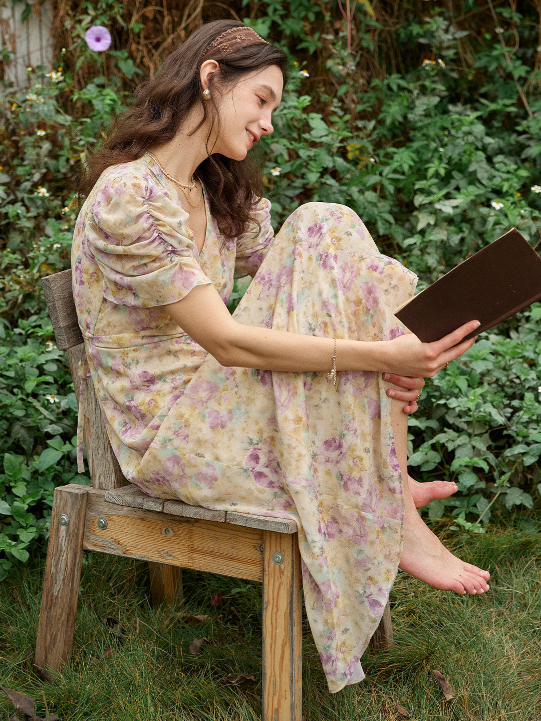 Natasha V-Neck Floral Ruched Sleeve Dress