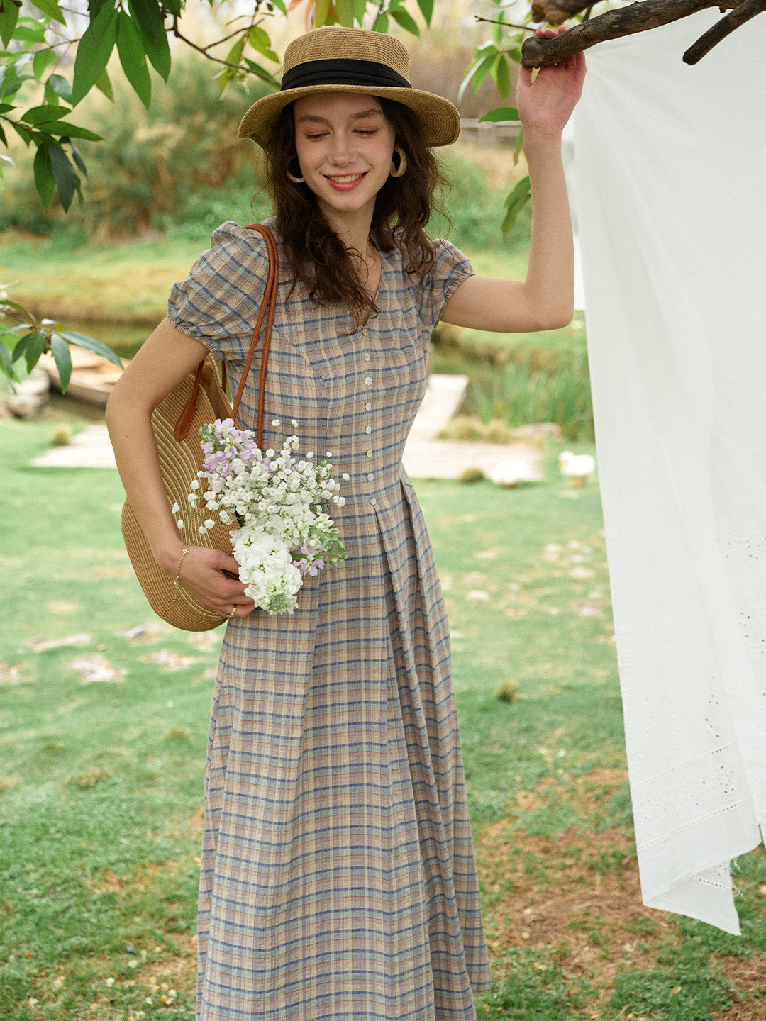 v neck cotton dress Navy Blue Checks Handspun Deep V-Neck Cami Maxi 58" / Petite (5'1" and below) Online Clothing Store. Rihoas V Neck Puff Sleeve