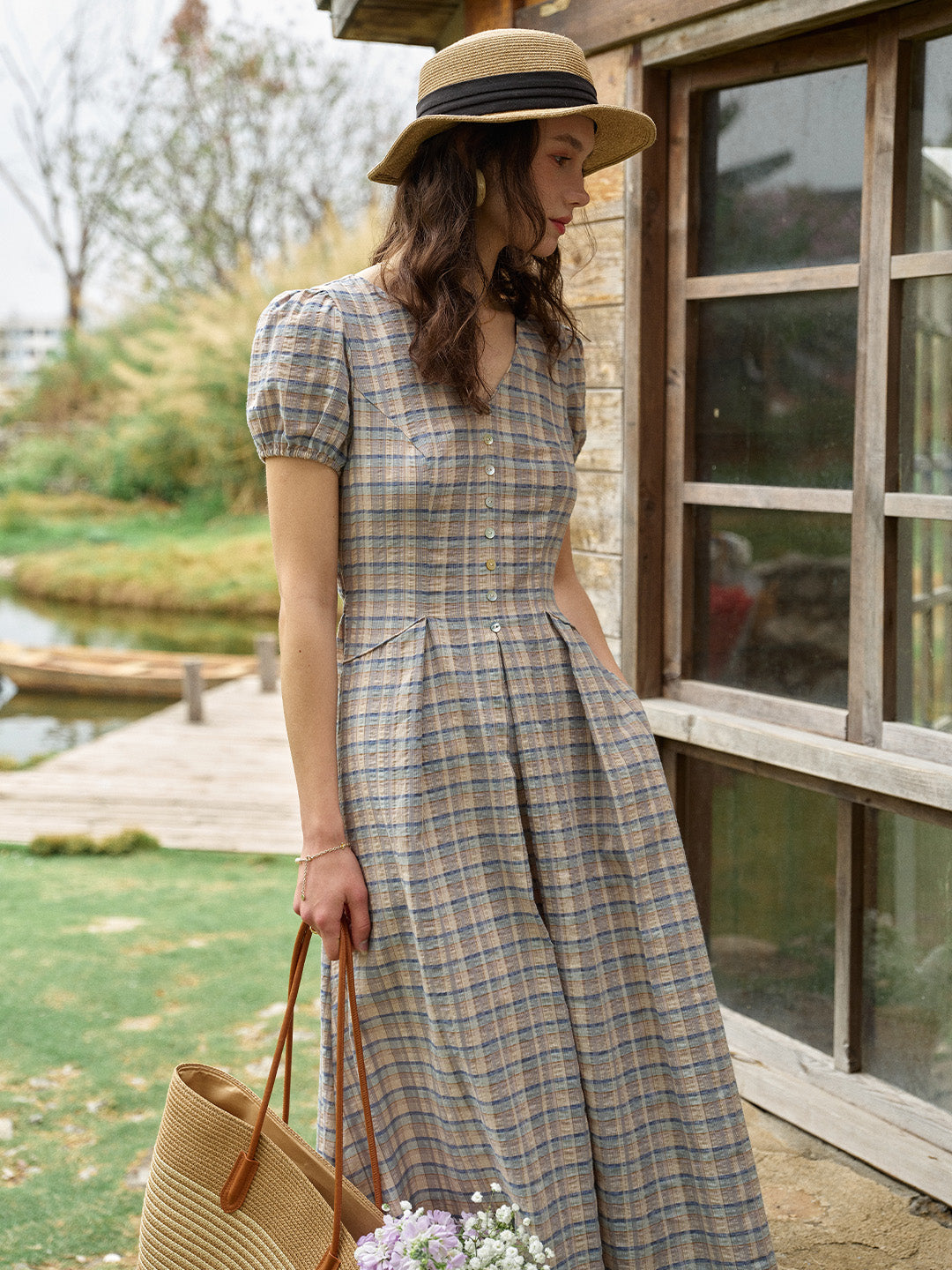 Nyra V-Neck Plaid 100% Cotton Dress