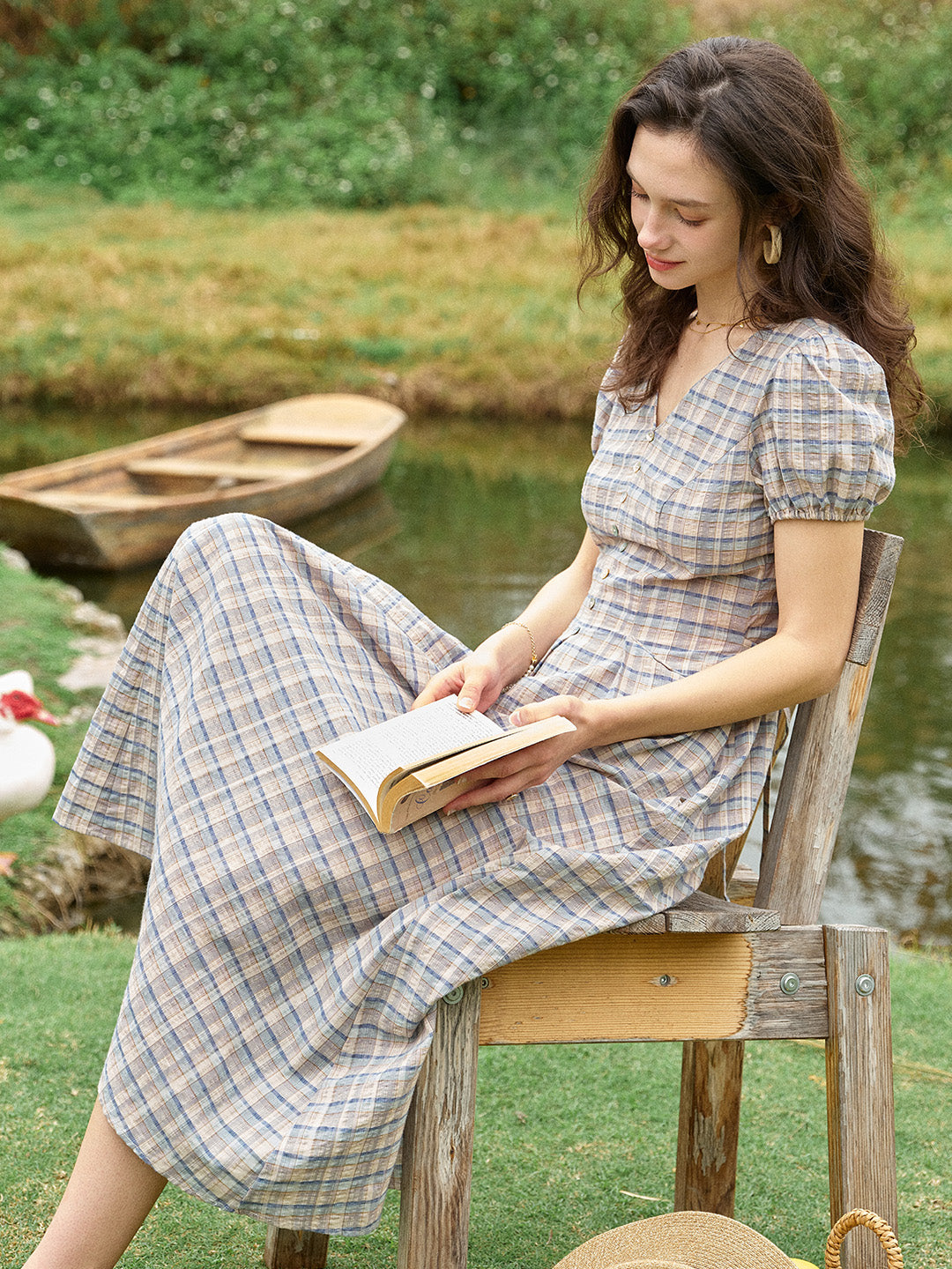 Nyra V-Neck Plaid 100% Cotton Dress