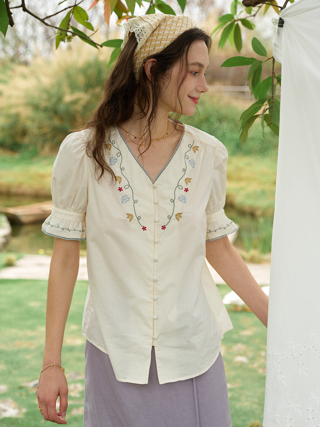 Violette V-Neck Flora Embroidered 100%Cotton Blouse
