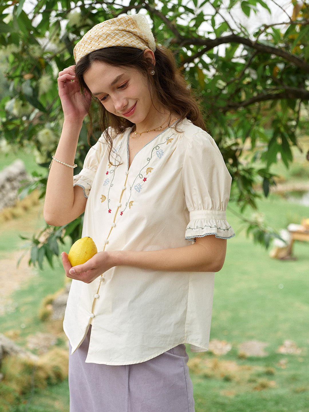 Violette V-Neck Flora Embroidered 100%Cotton Blouse