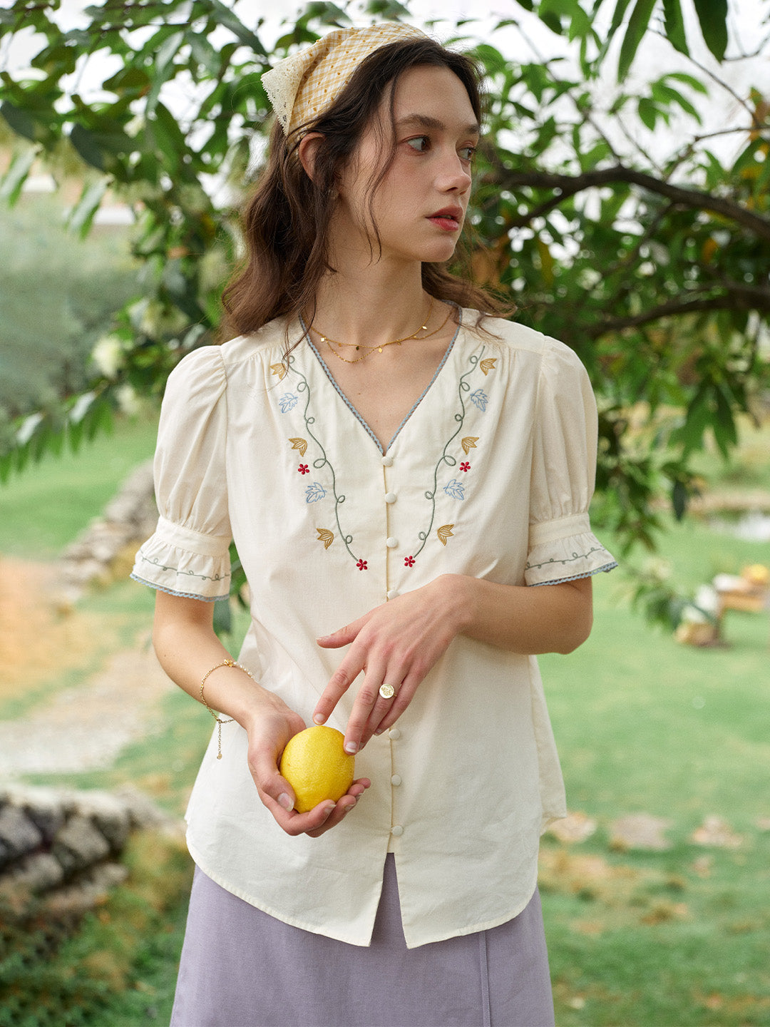 Violette V-Neck Flora Embroidered 100%Cotton Blouse