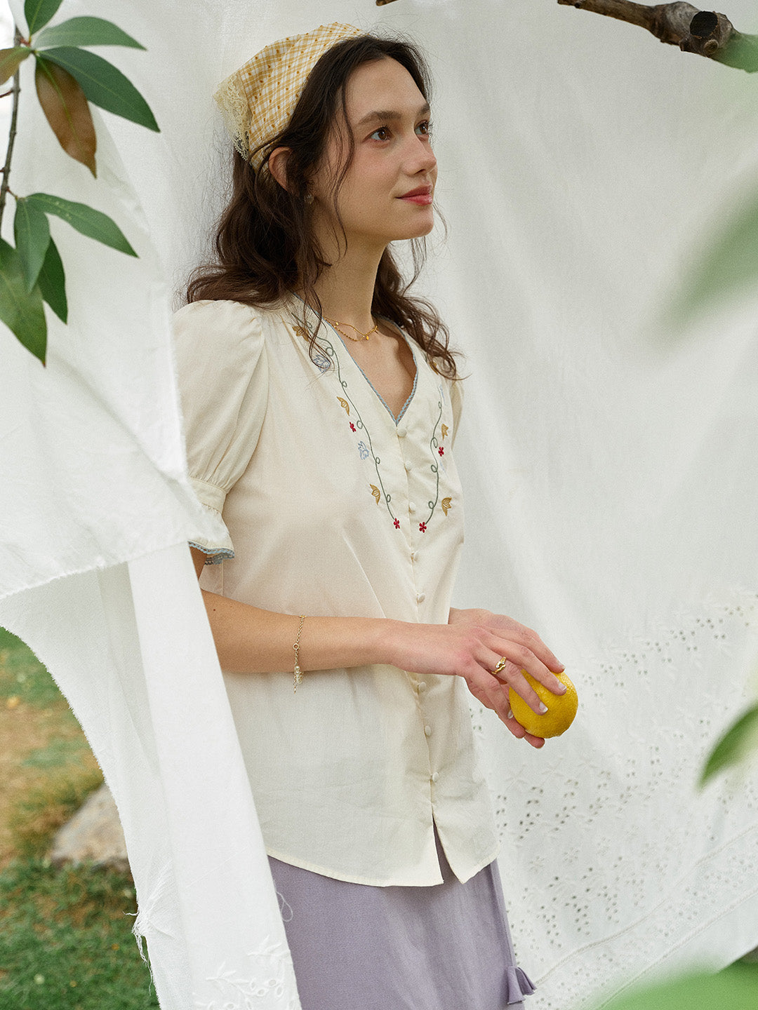 Violette V-Neck Flora Embroidered 100%Cotton Blouse