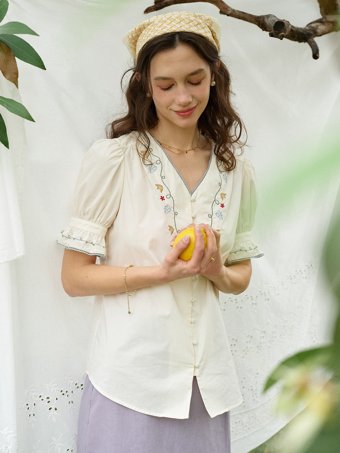 Violette V-Neck Flora Embroidered 100%Cotton Blouse