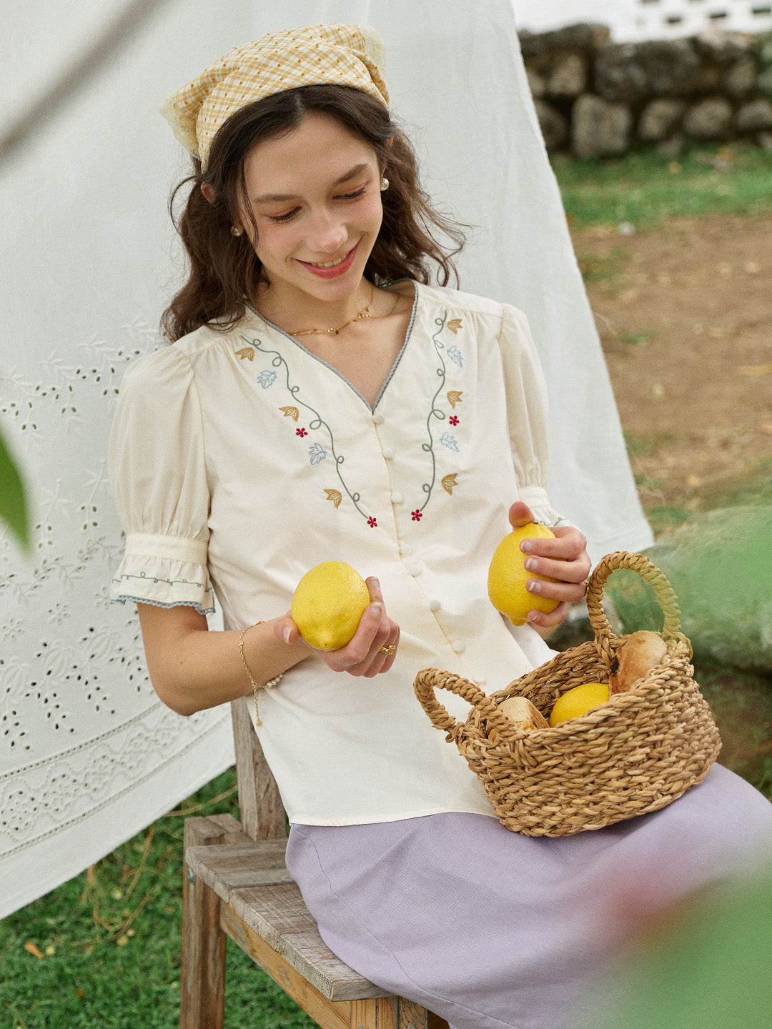 Violette V-Neck Flora Embroidered 100%Cotton Blouse