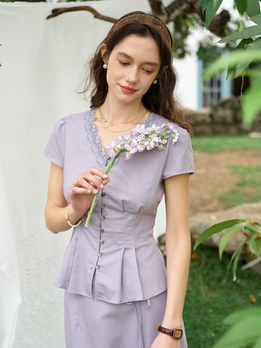 Kairi V-Neck Lace Trim Linen Cotton Blouse