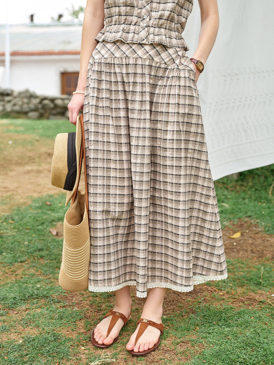 Alaiya Lace Trim Plaid 100% Cotton Skirt