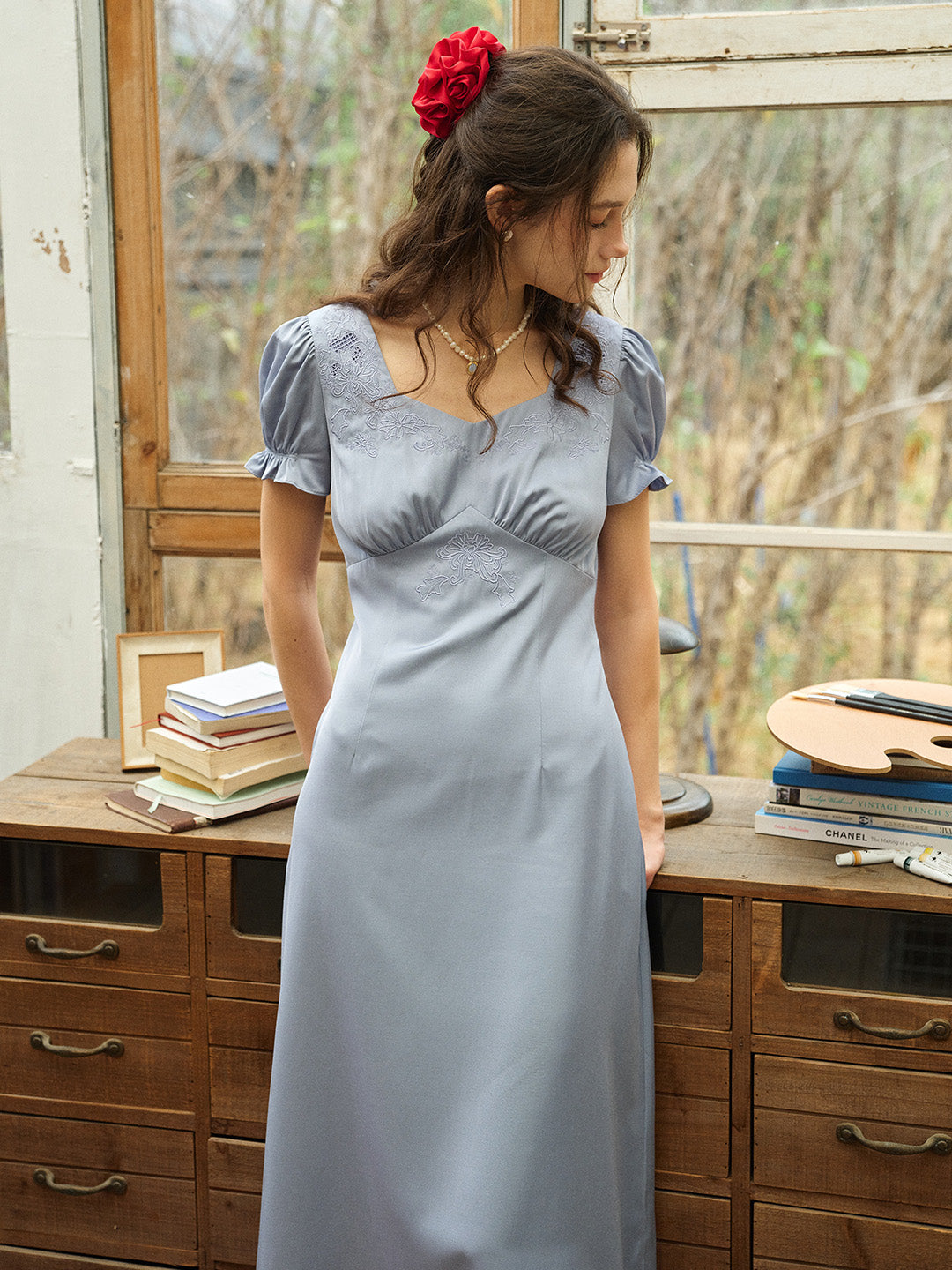 Neriah Embroidered Linen Puff Sleeve Dress