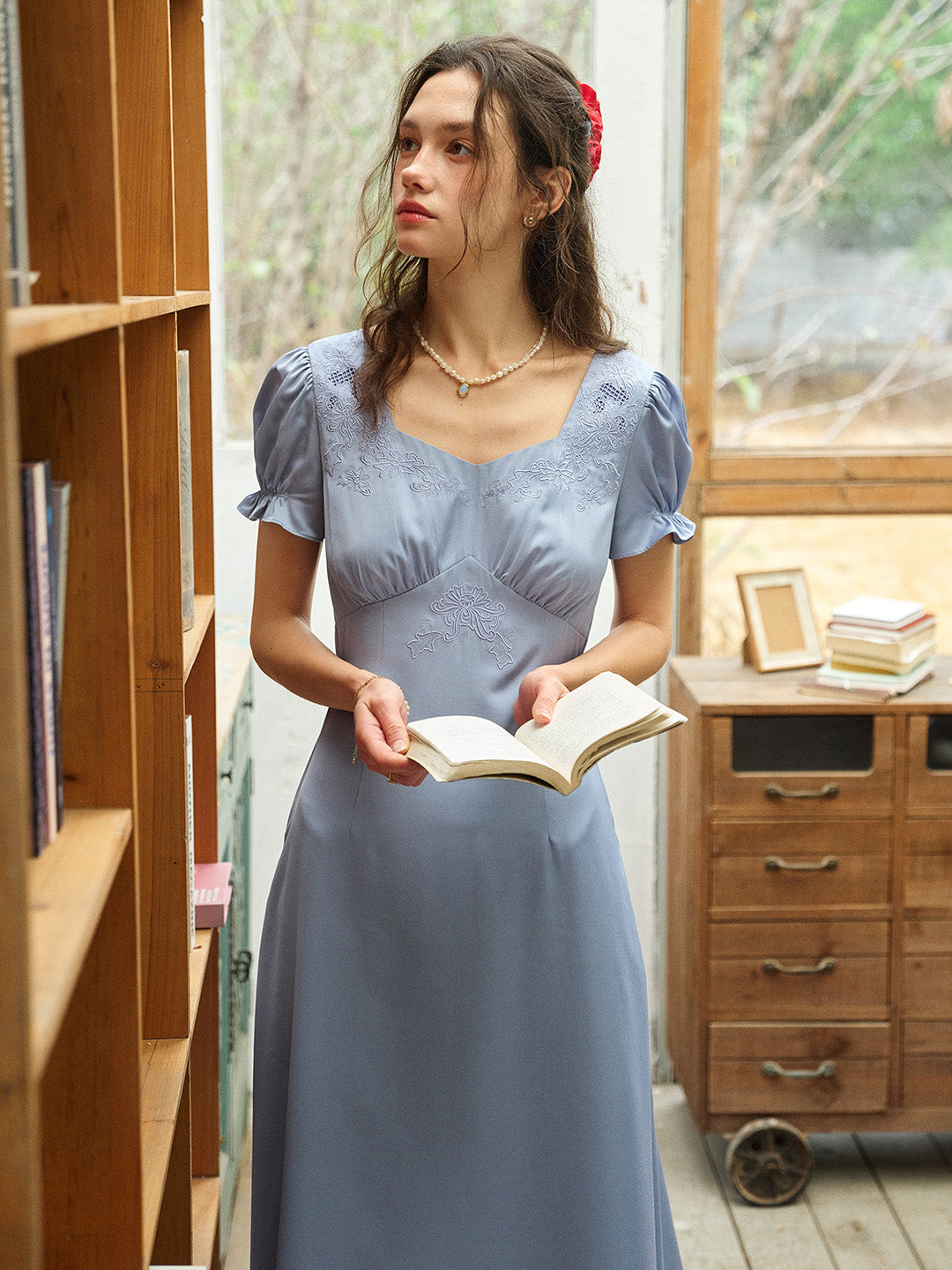 Neriah Embroidered Linen Puff Sleeve Dress