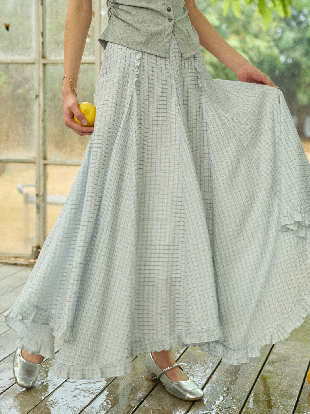 Aylani Ruffle Plaid Pleated Maxi Skirt