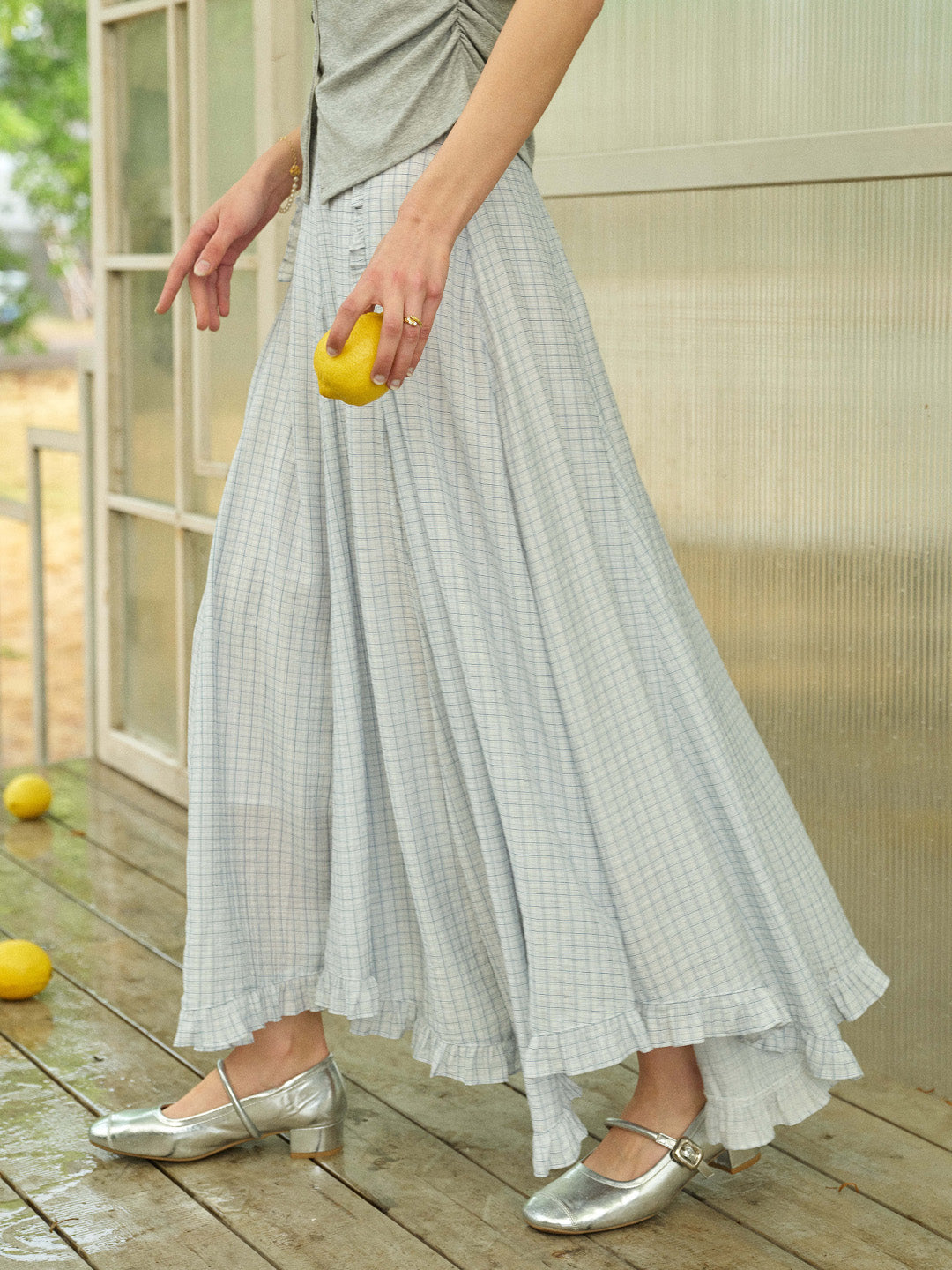 Aylani Ruffle Plaid Pleated Maxi Skirt