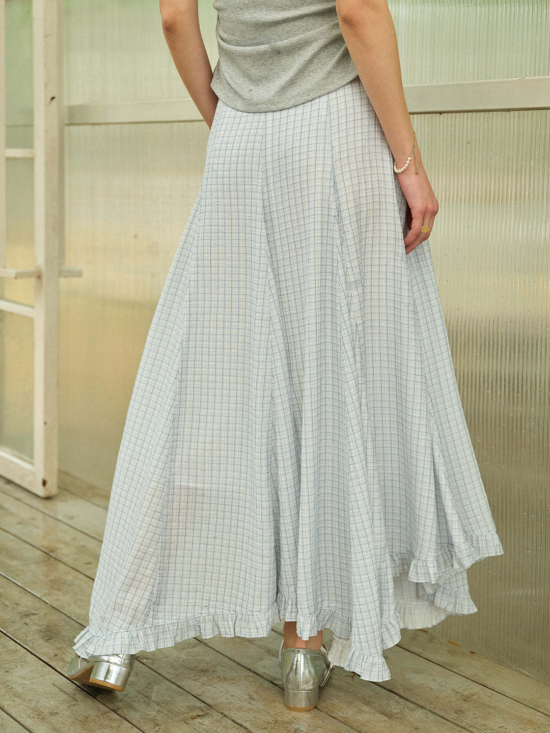 Aylani Ruffle Plaid Pleated Maxi Skirt