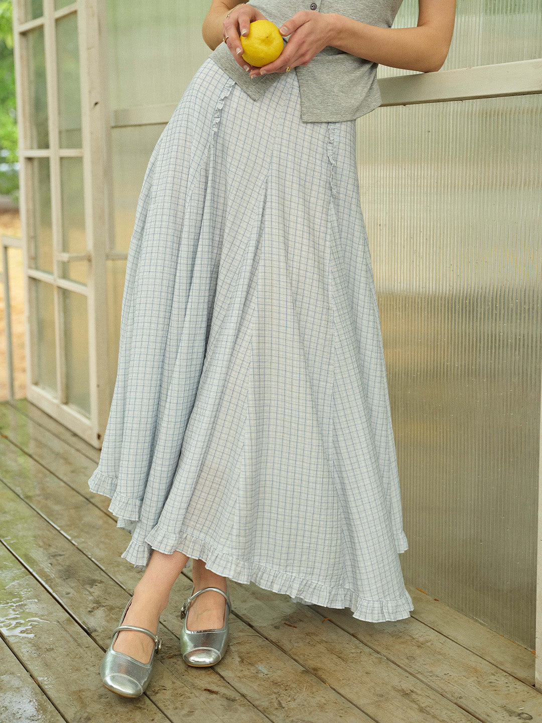 Aylani Ruffle Plaid Pleated Maxi Skirt