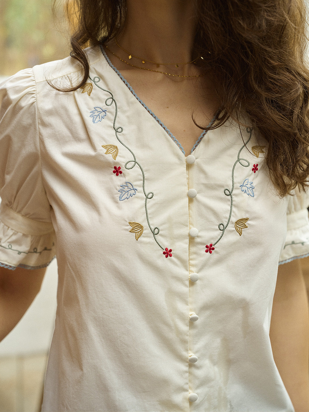 Violette V-Neck Flora Embroidered 100%Cotton Blouse