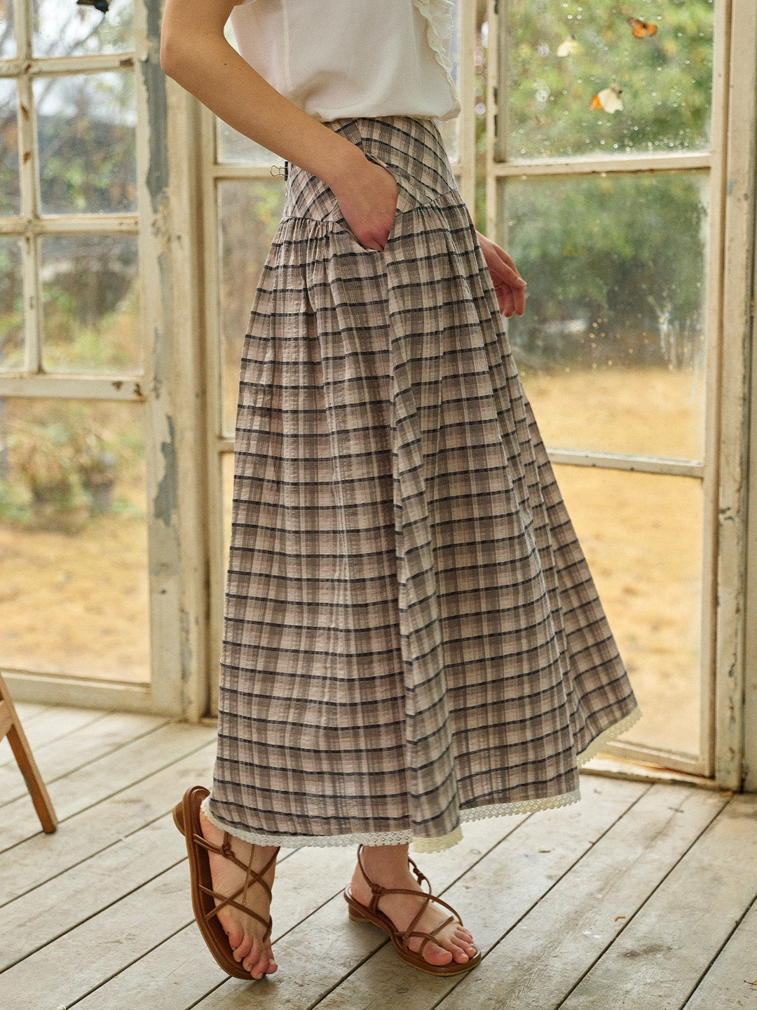 Alaiya Lace Trim Plaid 100% Cotton Skirt