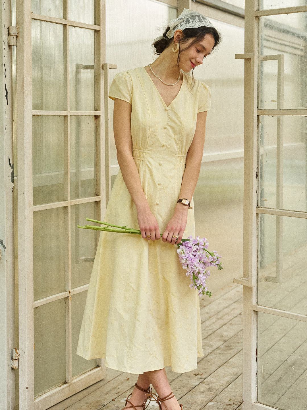 Quincy V-Neck Button-Up Cotton Midi Dress