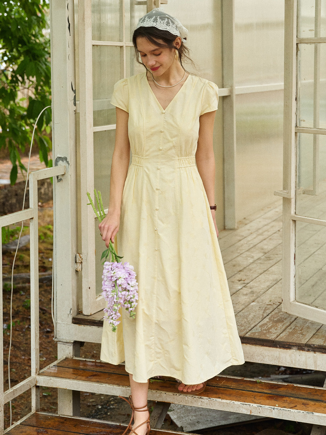 Quincy V-Neck Button-Up Cotton Midi Dress