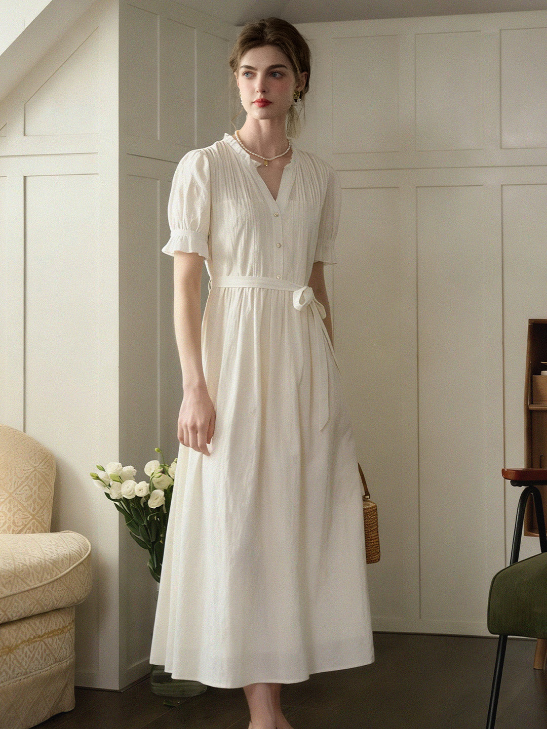 Aitana Rose Embroidered V-neck Puff Sleeve  Cotton Dress