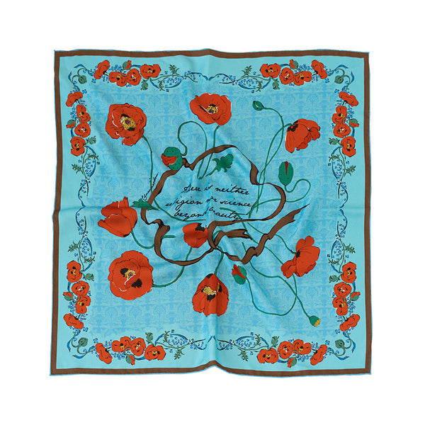 Chowxiaodou Rose Print Twill Silk Small Square Scarf-Sky Blue