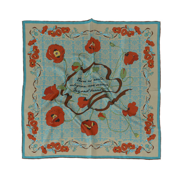Chowxiaodou Rose Print Twill Silk Square Scarf-Bronze Blue