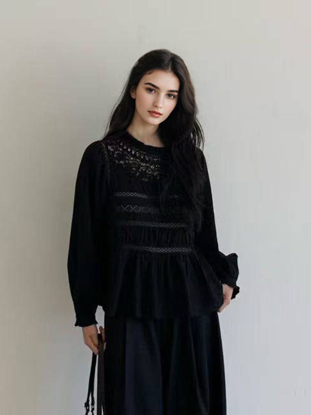 Amora Stand Collar Lace Trim Bell Sleeves Blouse