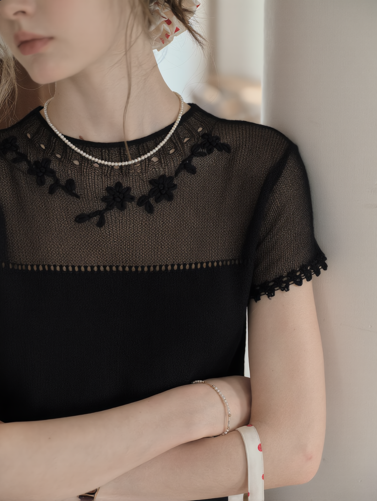 Ellianna Round Neck Lace Embroidery Knitwear