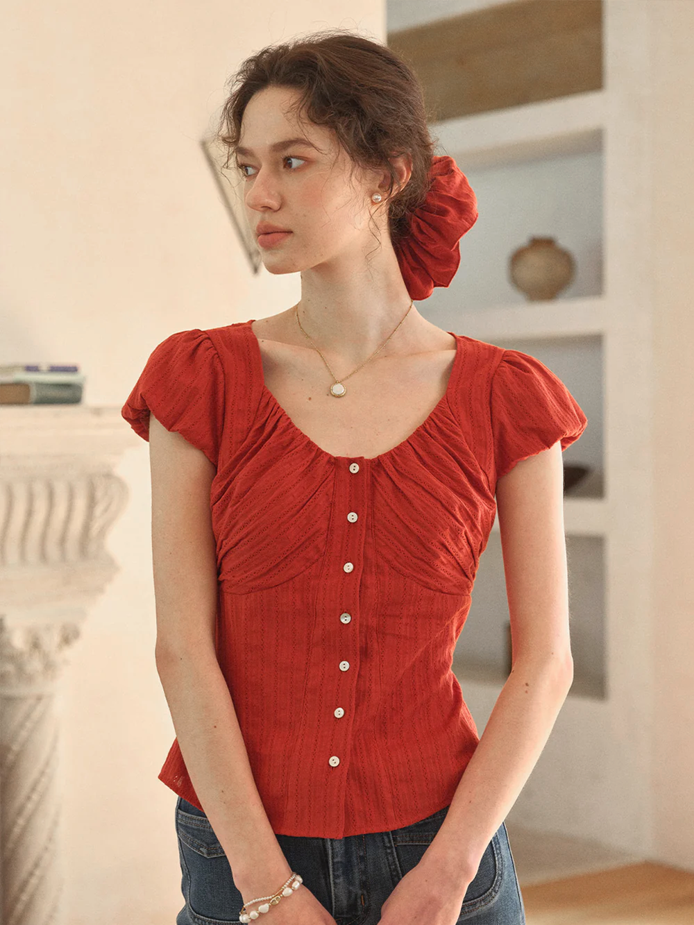 Lacey Round Neck Waist 100% Cotton Blouse
