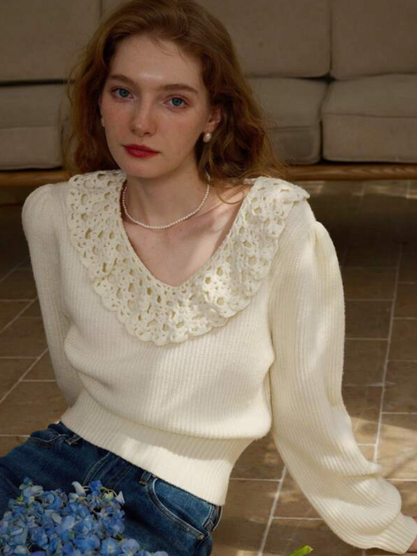 Alice Ruffle Trim Lantern Sleeve Sweater