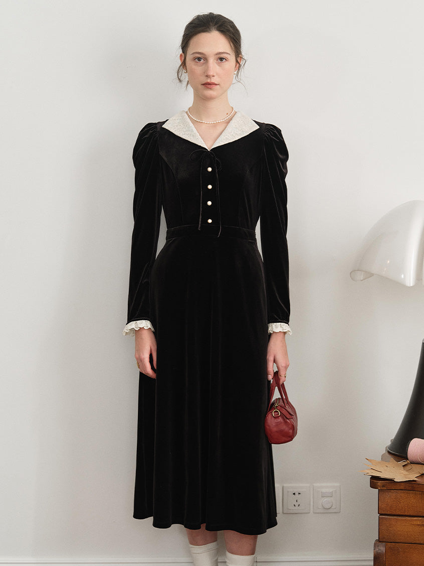Melania Pearl-Button Contrast-Lace Collar Velvet Dress