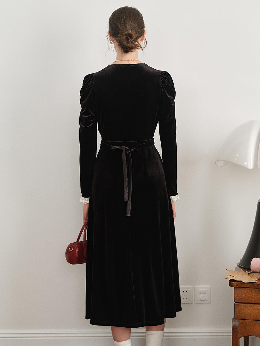 Melania Pearl-Button Contrast-Lace Collar Velvet Dress