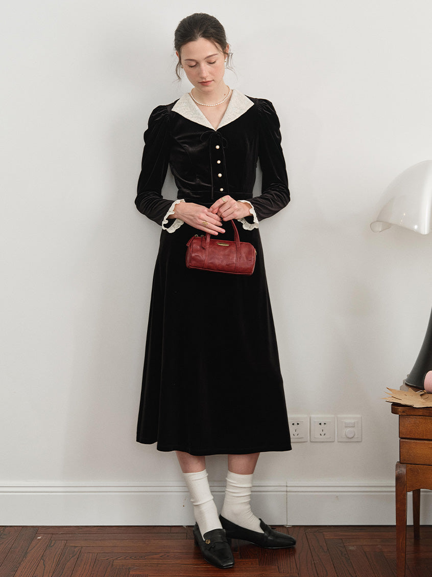 Melania Pearl-Button Contrast-Lace Collar Velvet Dress