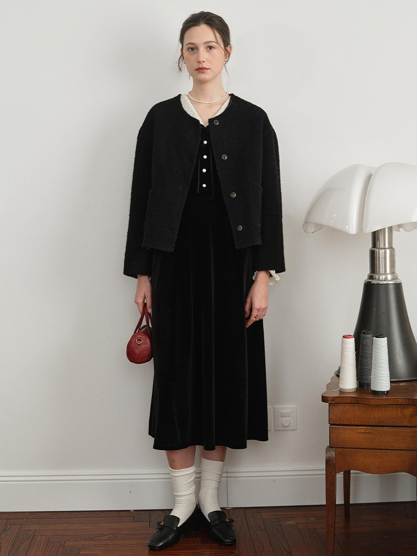 Melania Pearl-Button Contrast-Lace Collar Velvet Dress