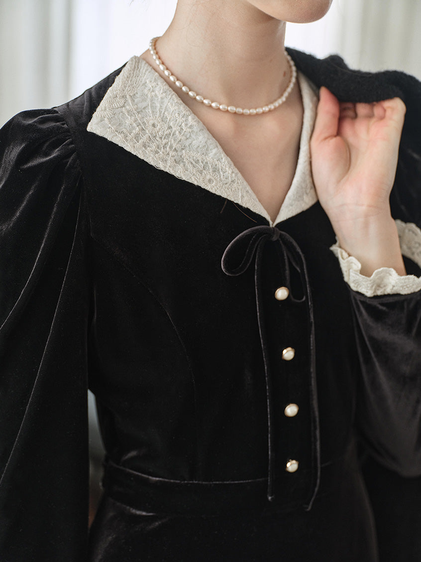 Melania Pearl-Button Contrast-Lace Collar Velvet Dress