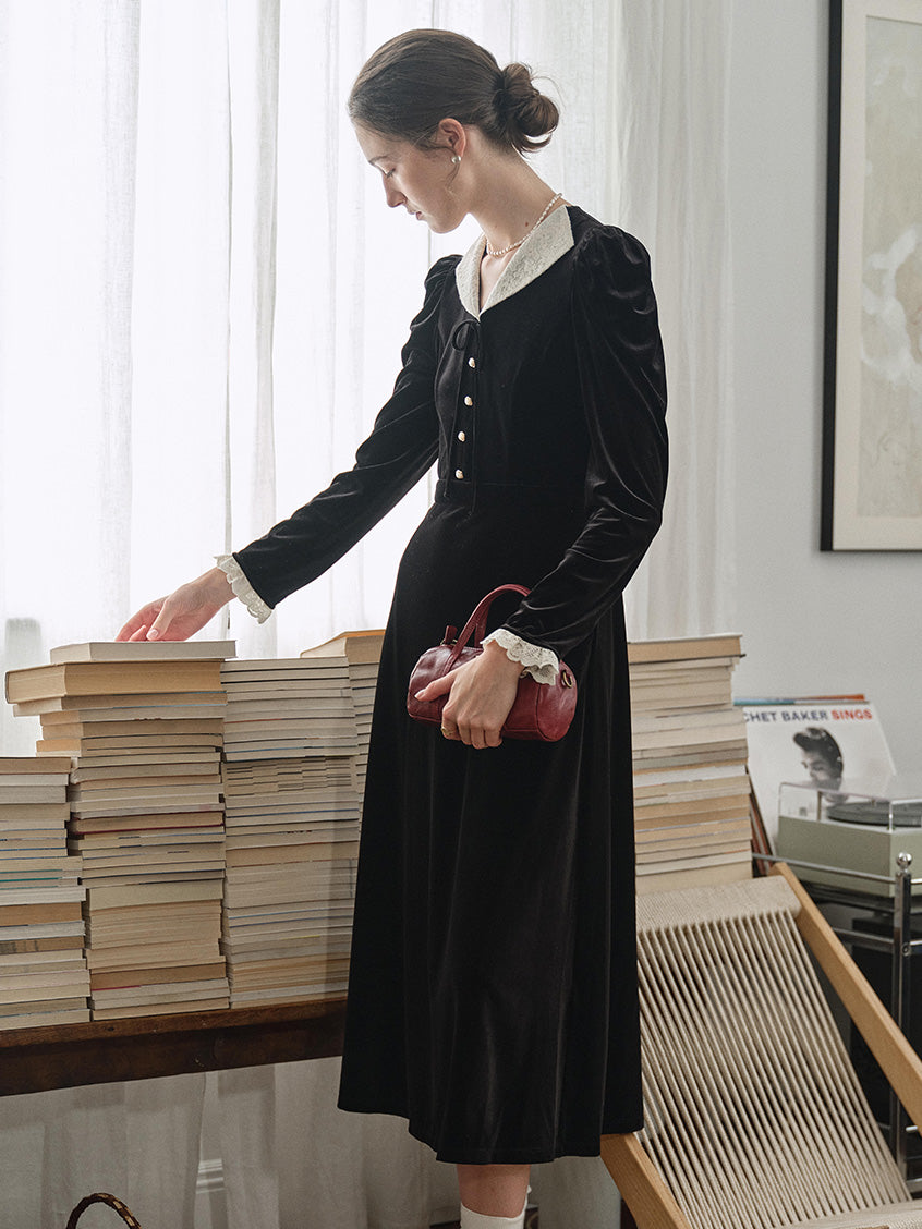 Melania Pearl-Button Contrast-Lace Collar Velvet Dress