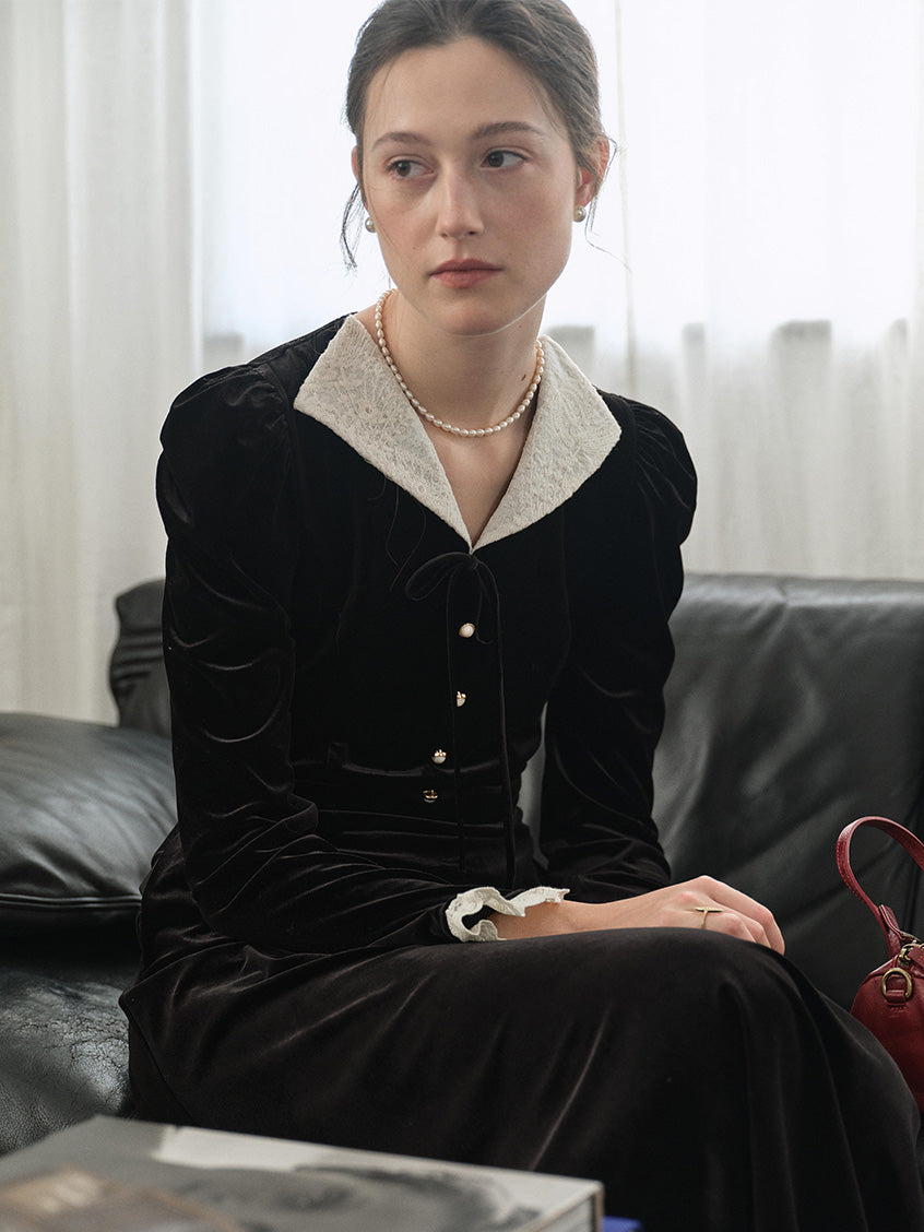 Melania Pearl-Button Contrast-Lace Collar Velvet Dress