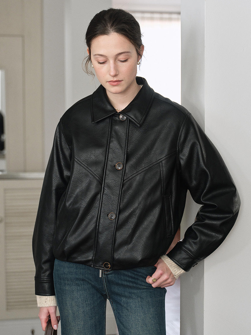 Blanche Faux-Leather Button-Front Barn Jacket