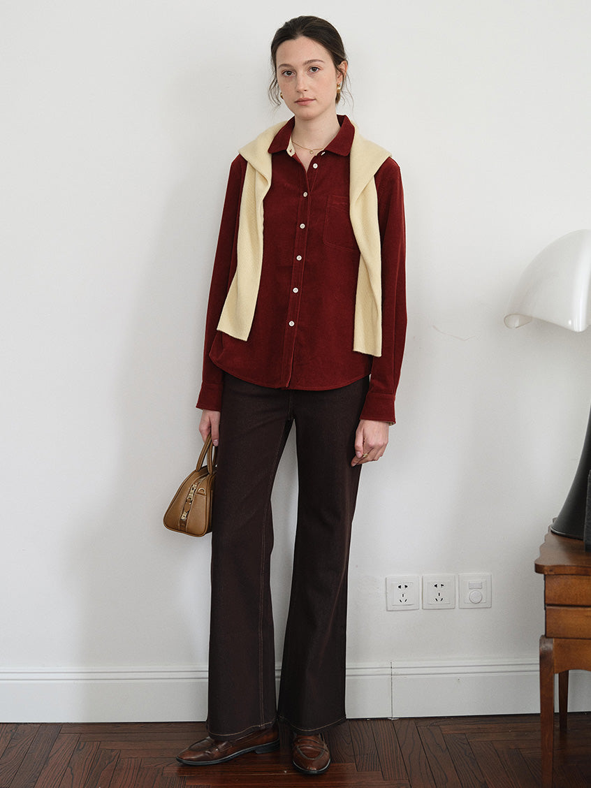Hesper 100% Cotton Contrast-Cuff Velveteen Shirt