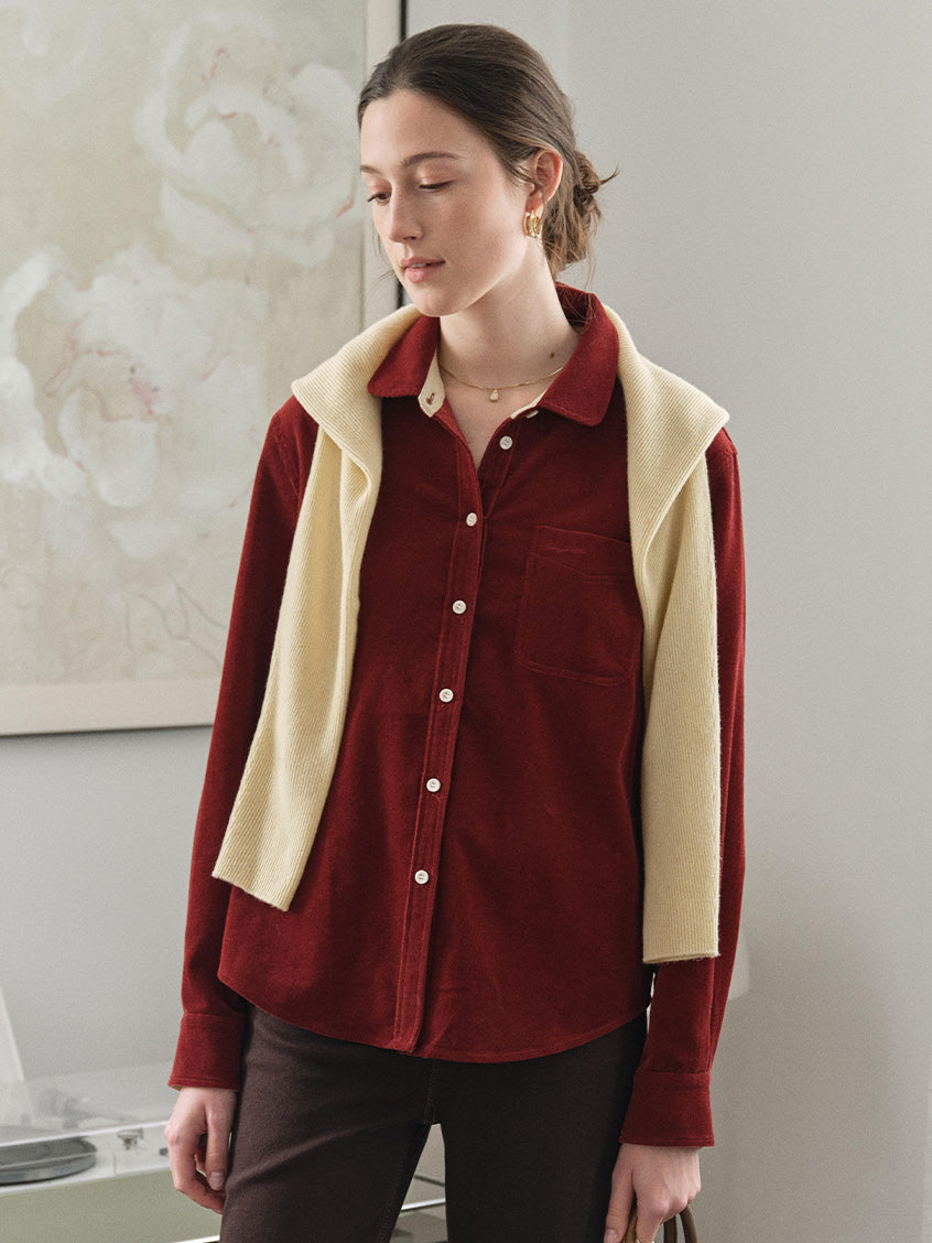 Hesper 100% Cotton Contrast-Cuff Velveteen Shirt