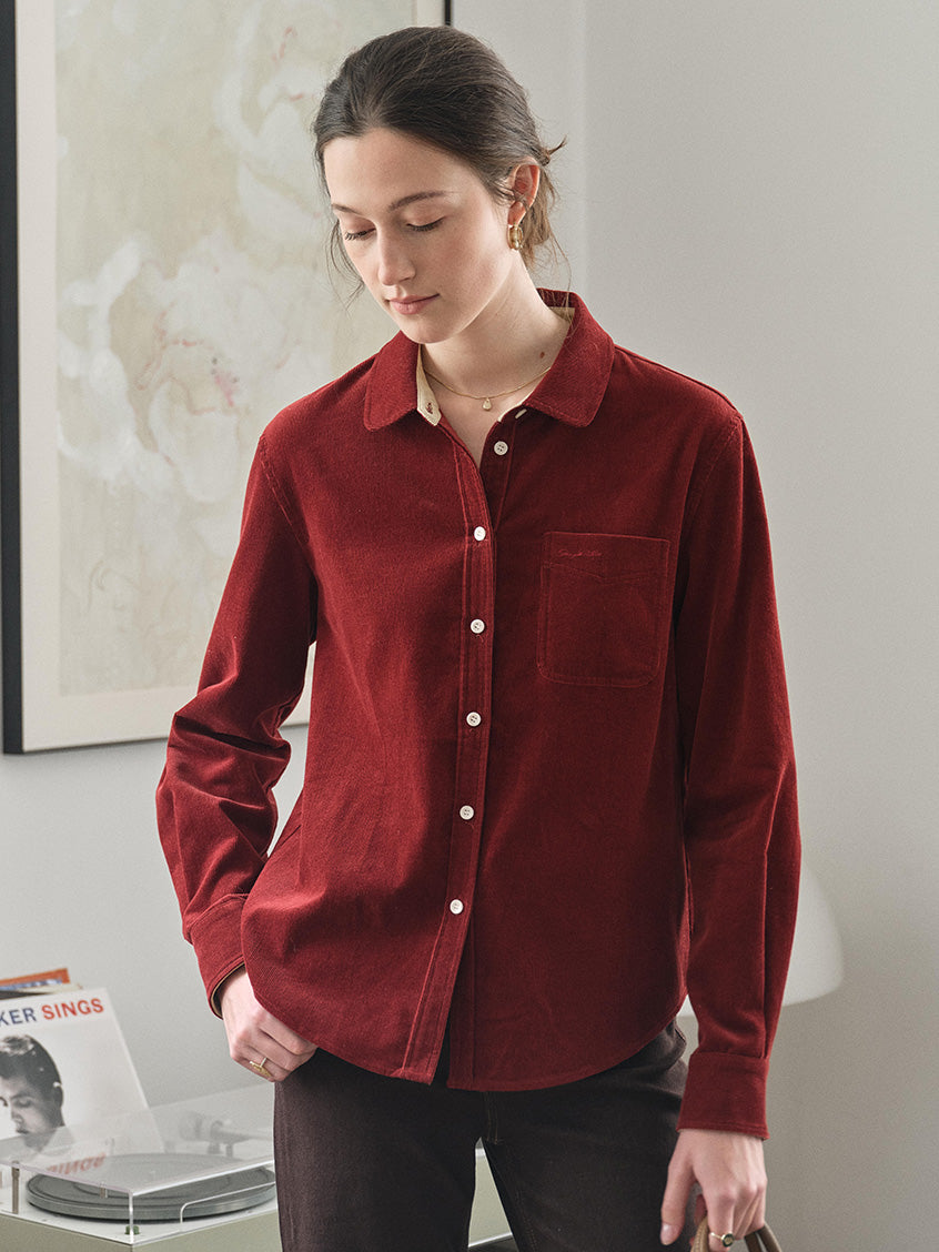 Hesper 100% Cotton Contrast-Cuff Velveteen Shirt