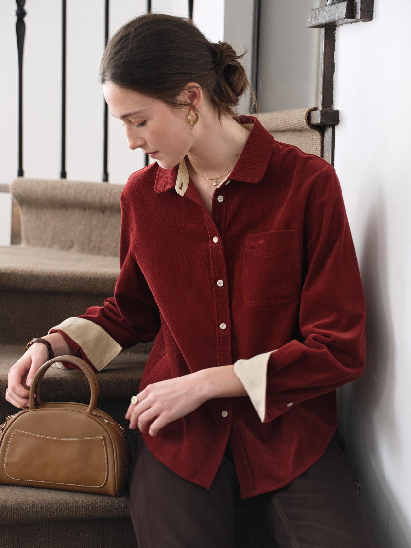 Hesper 100% Cotton Contrast-Cuff Velveteen Shirt