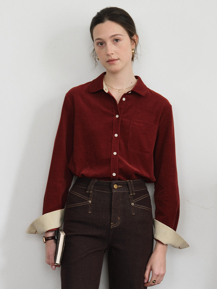 Hesper 100% Cotton Contrast-Cuff Velveteen Shirt