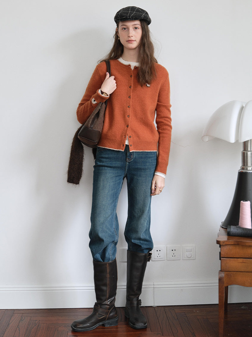 Aumick Lambswool Fuzzy Round Neck Cardigan