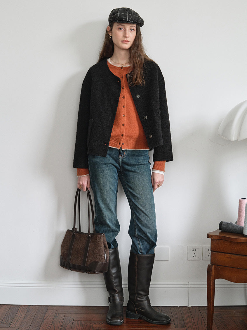 Aumick Lambswool Fuzzy Round Neck Cardigan