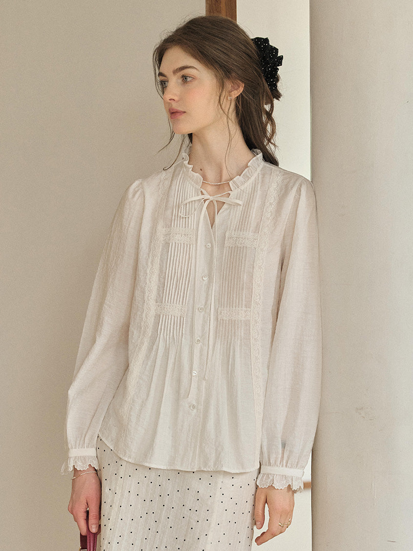 Cassia Pleated Ruffle Collar Lyocell Lace Blouse