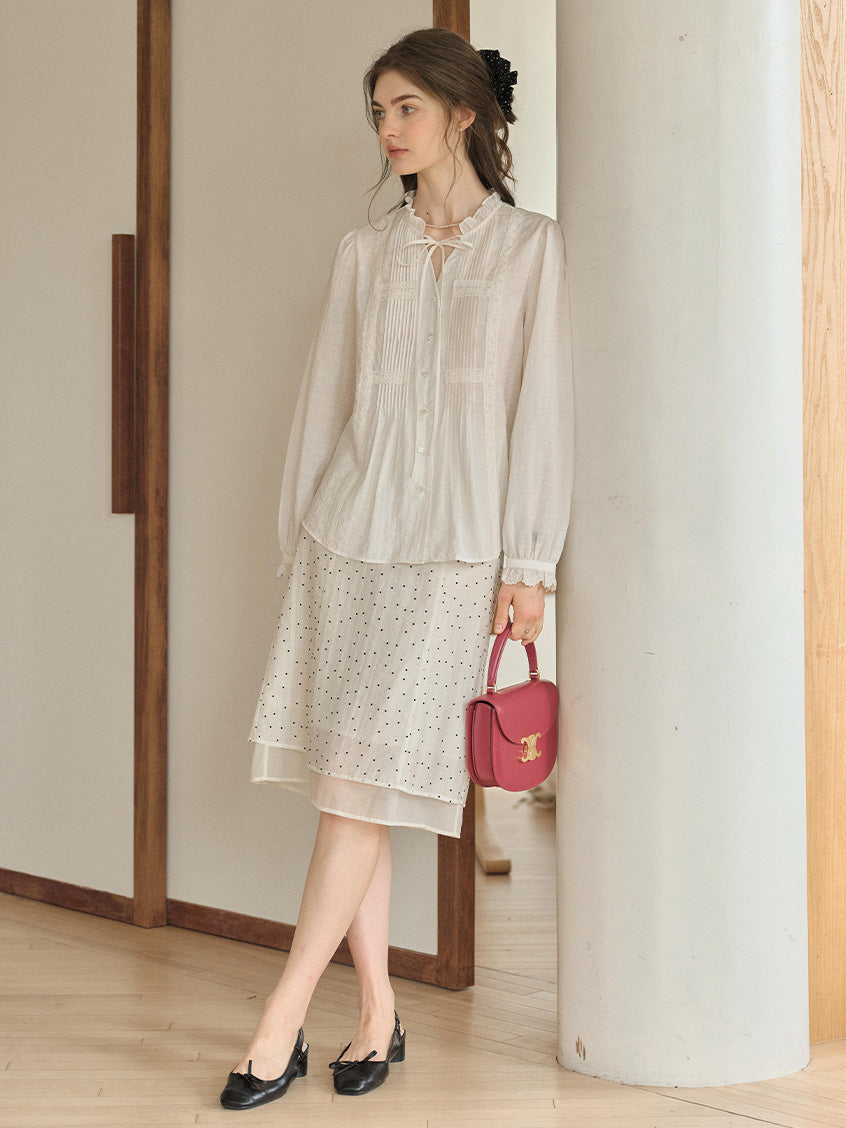 Cassia Pleated Ruffle Collar Lyocell Lace Blouse