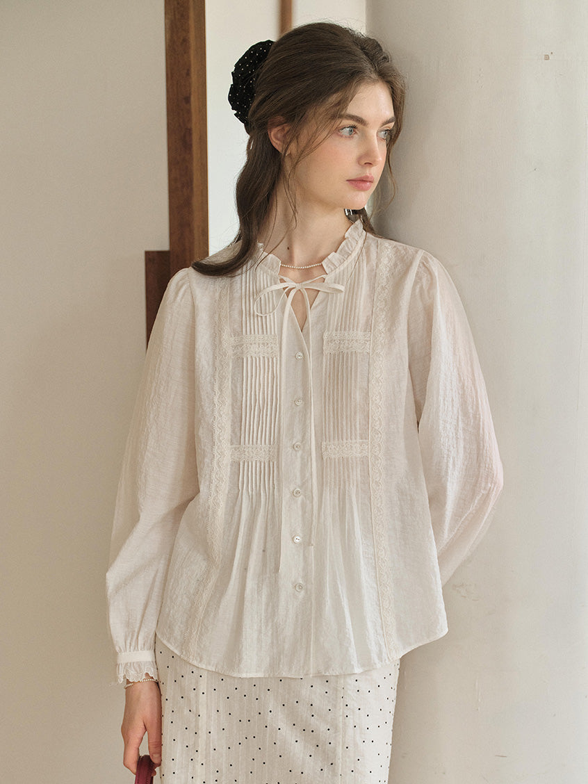 Cassia Pleated Ruffle Collar Lyocell Lace Blouse