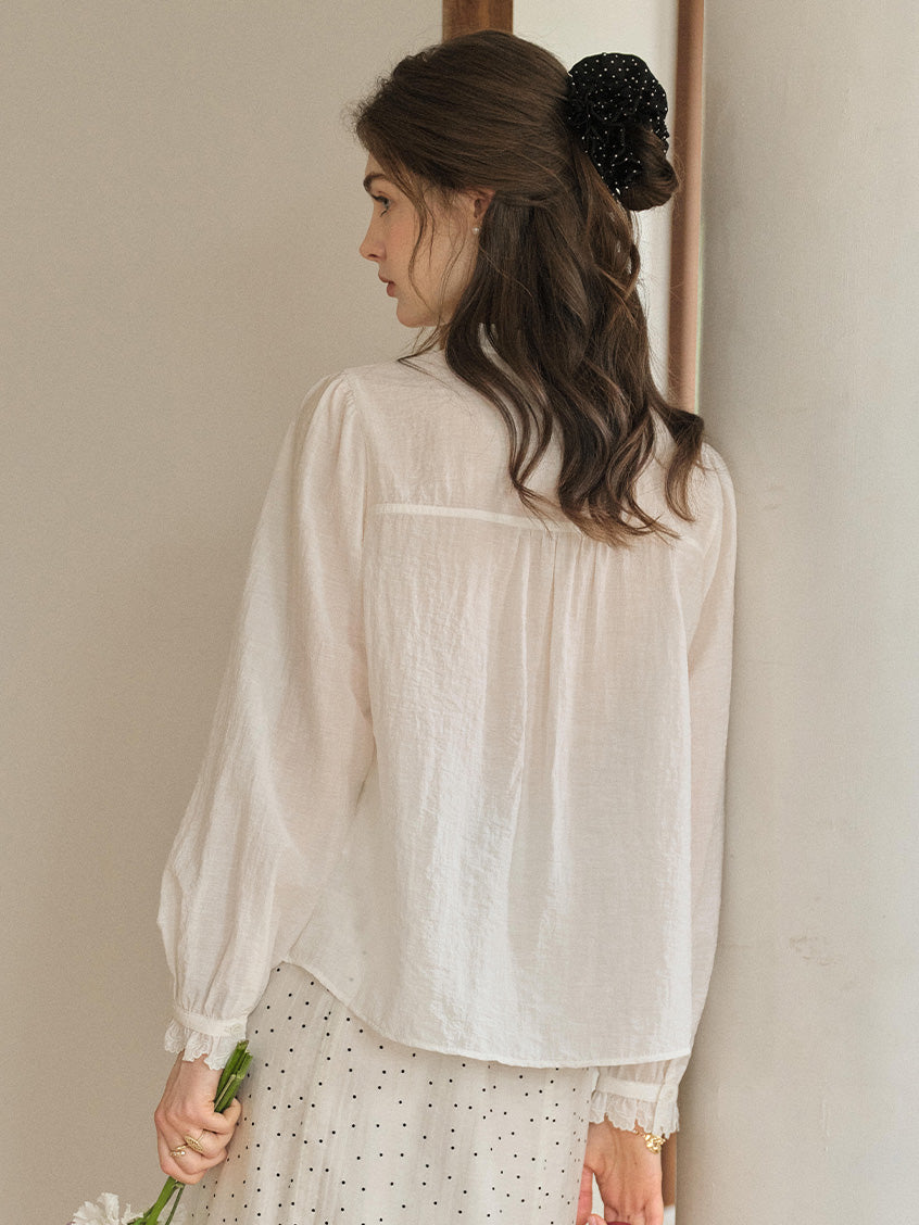 Cassia Pleated Ruffle Collar Lyocell Lace Blouse