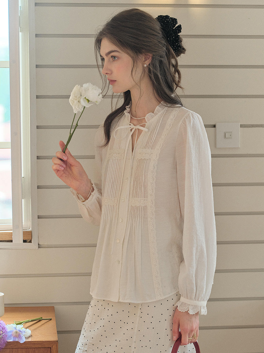 Cassia Pleated Ruffle Collar Lyocell Lace Blouse