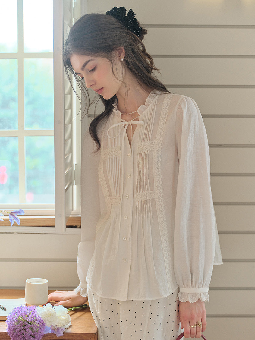 Cassia Pleated Ruffle Collar Lyocell Lace Blouse